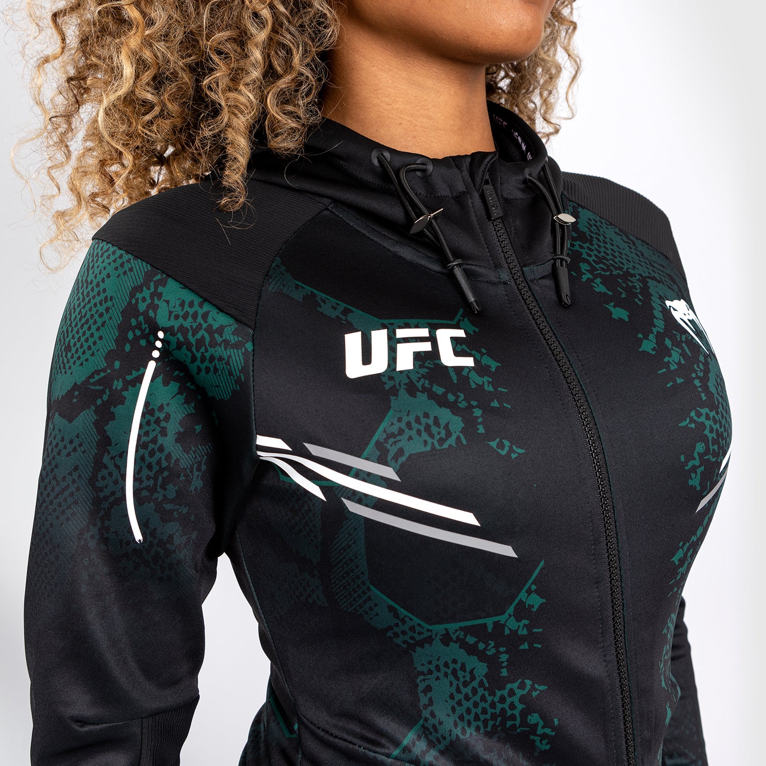 UFC Adrenaline by Venum  Personalized Authentic Fight Night Women’s Walkout Hoodie - Emerald Edition - Green/Black - Image 6