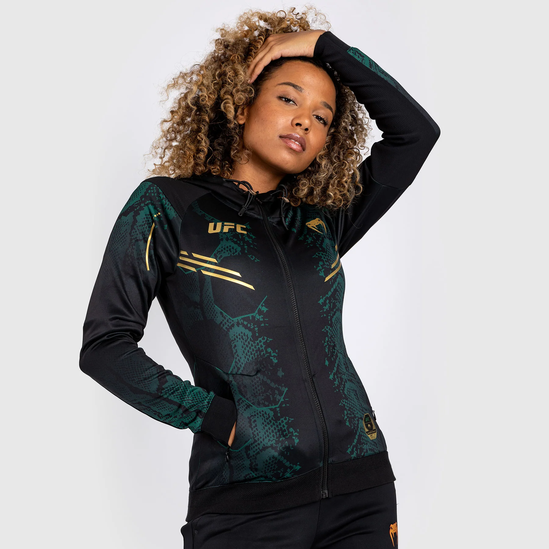 UFC Adrenaline by Venum Personalized Authentic Fight Night Women’s Walkout Hoodie  - Emerald Edition - Green/Black/Gold - Image 2