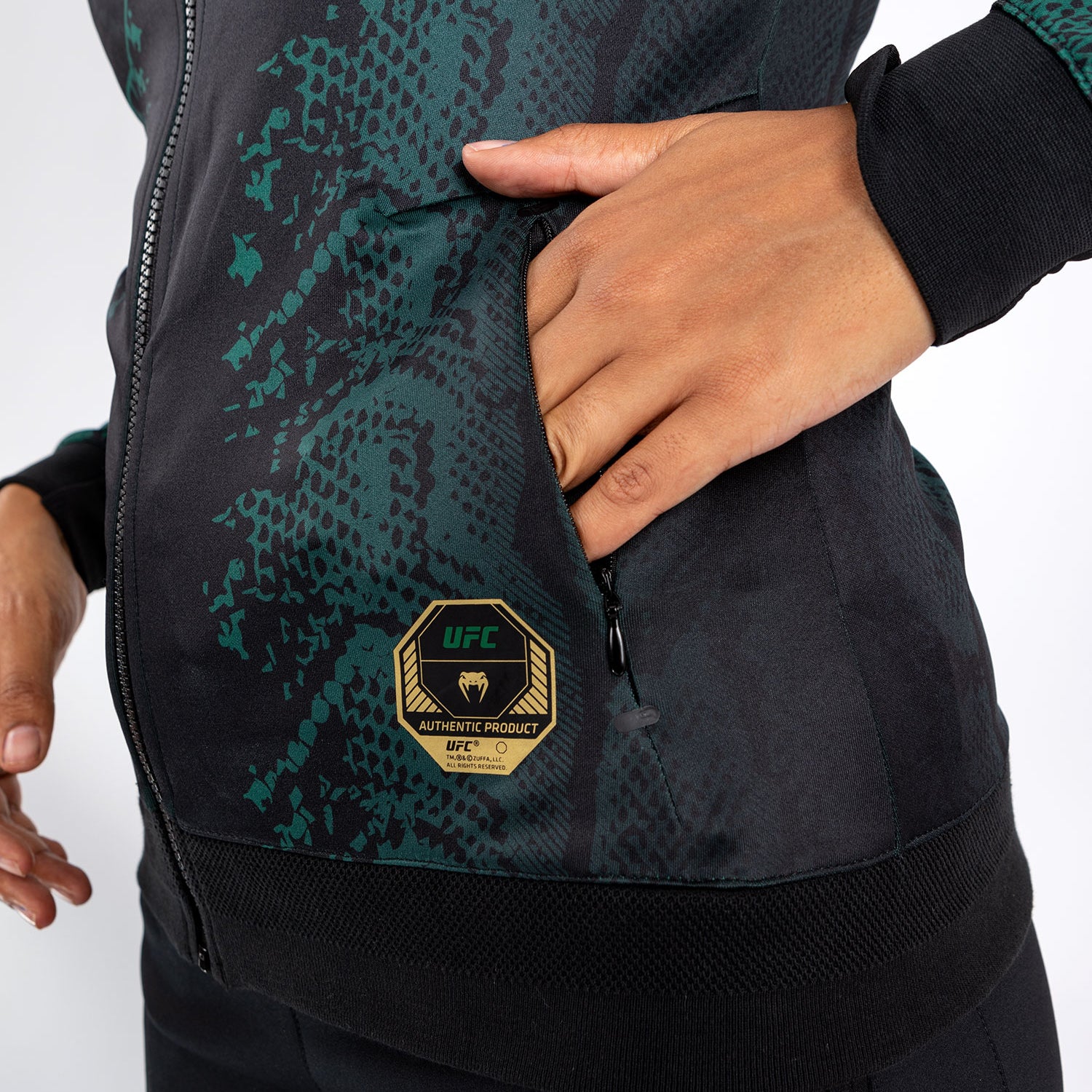 UFC Adrenaline by Venum Personalized Authentic Fight Night Women’s Walkout Hoodie  - Emerald Edition - Green/Black/Gold - Image 8
