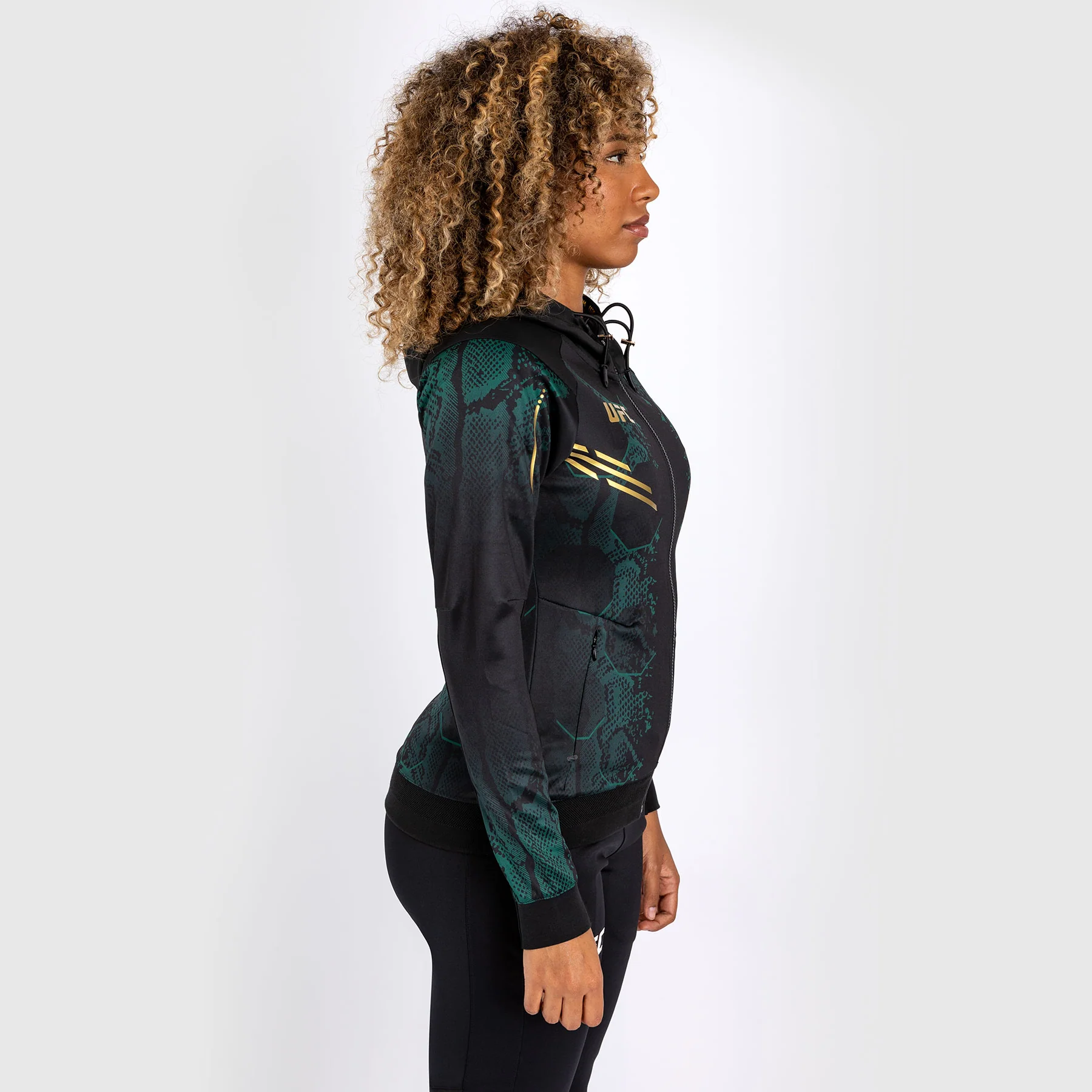 UFC Adrenaline by Venum Personalized Authentic Fight Night Women’s Walkout Hoodie  - Emerald Edition - Green/Black/Gold - Image 9