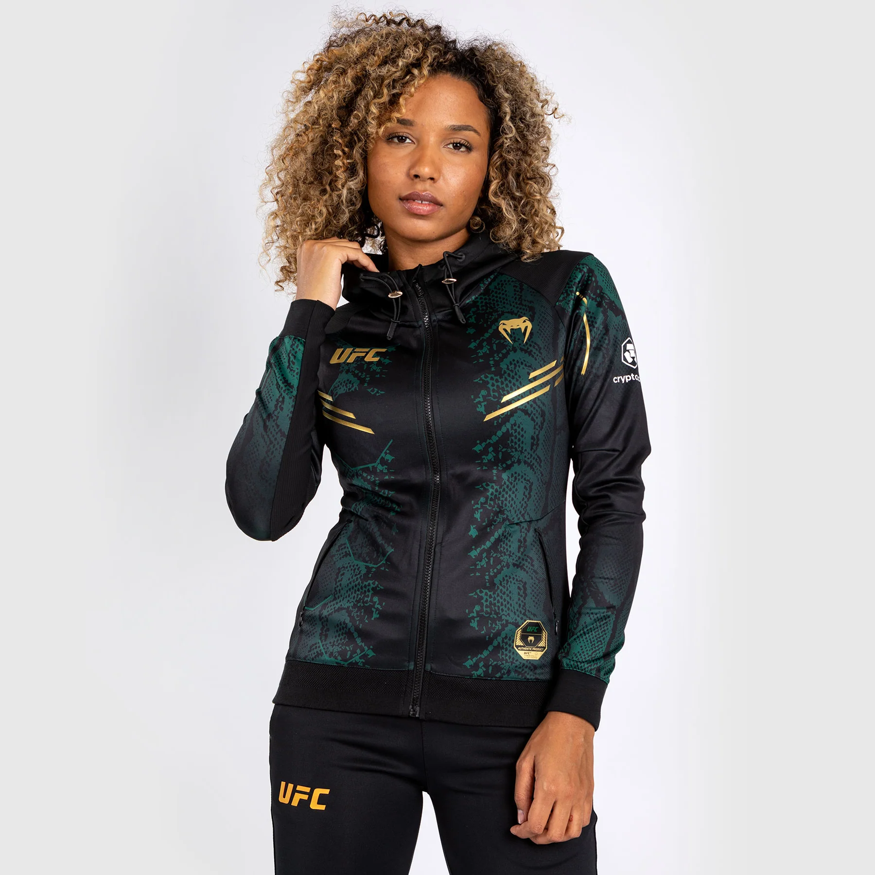 UFC Adrenaline by Venum Authentic Fight Night  Women’s Walkout Hoodie - Emerald Edition - Green/Black/Gold - Image 4