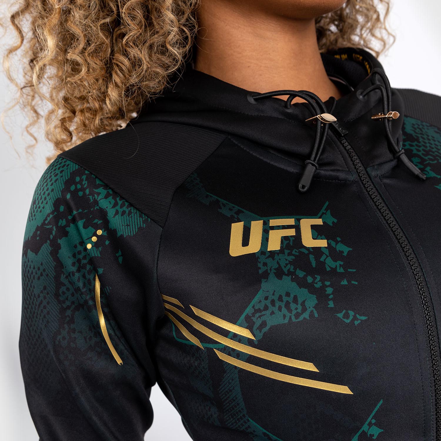 UFC Adrenaline by Venum Authentic Fight Night  Women’s Walkout Hoodie - Emerald Edition - Green/Black/Gold - Image 7