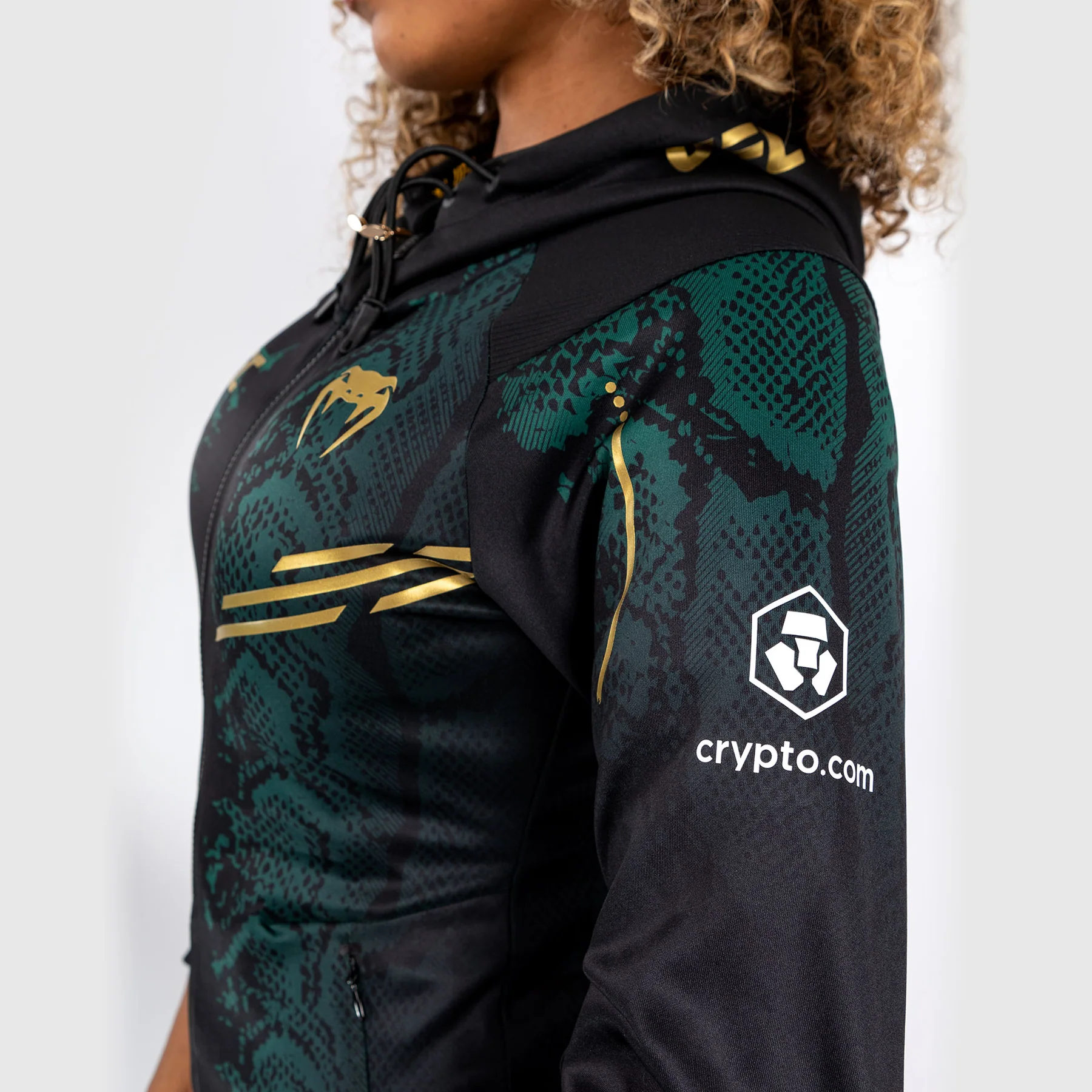 UFC Adrenaline by Venum Authentic Fight Night  Women’s Walkout Hoodie - Emerald Edition - Green/Black/Gold - Image 8
