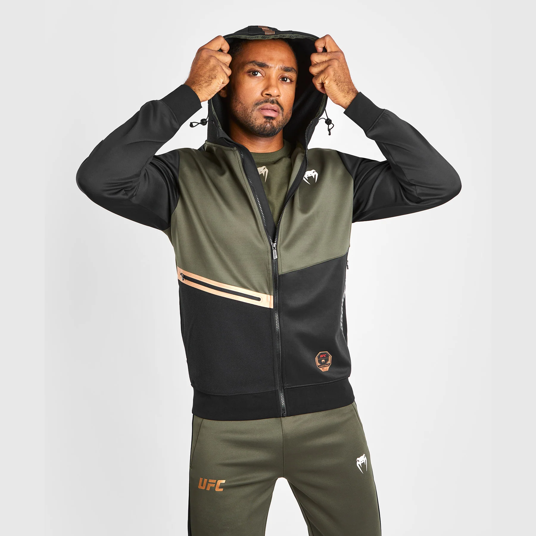 UFC Adrenaline by Venum Fight Week Men’s Zip Hoodie - Khaki/Bronze - Image 2