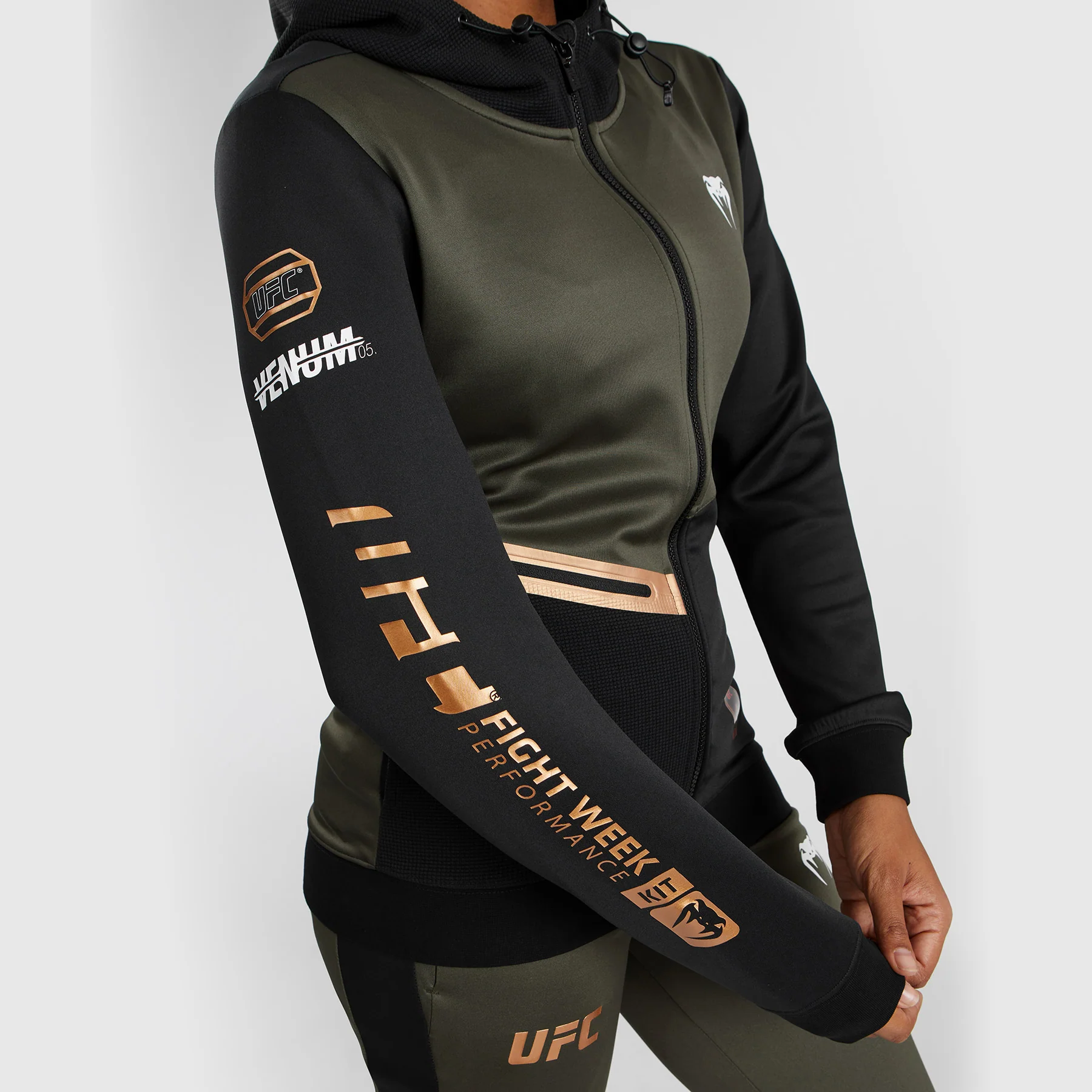 UFC Adrenaline by Venum Fight Week  Women’s Zip Hoodie - Khaki/Bronze - Image 5