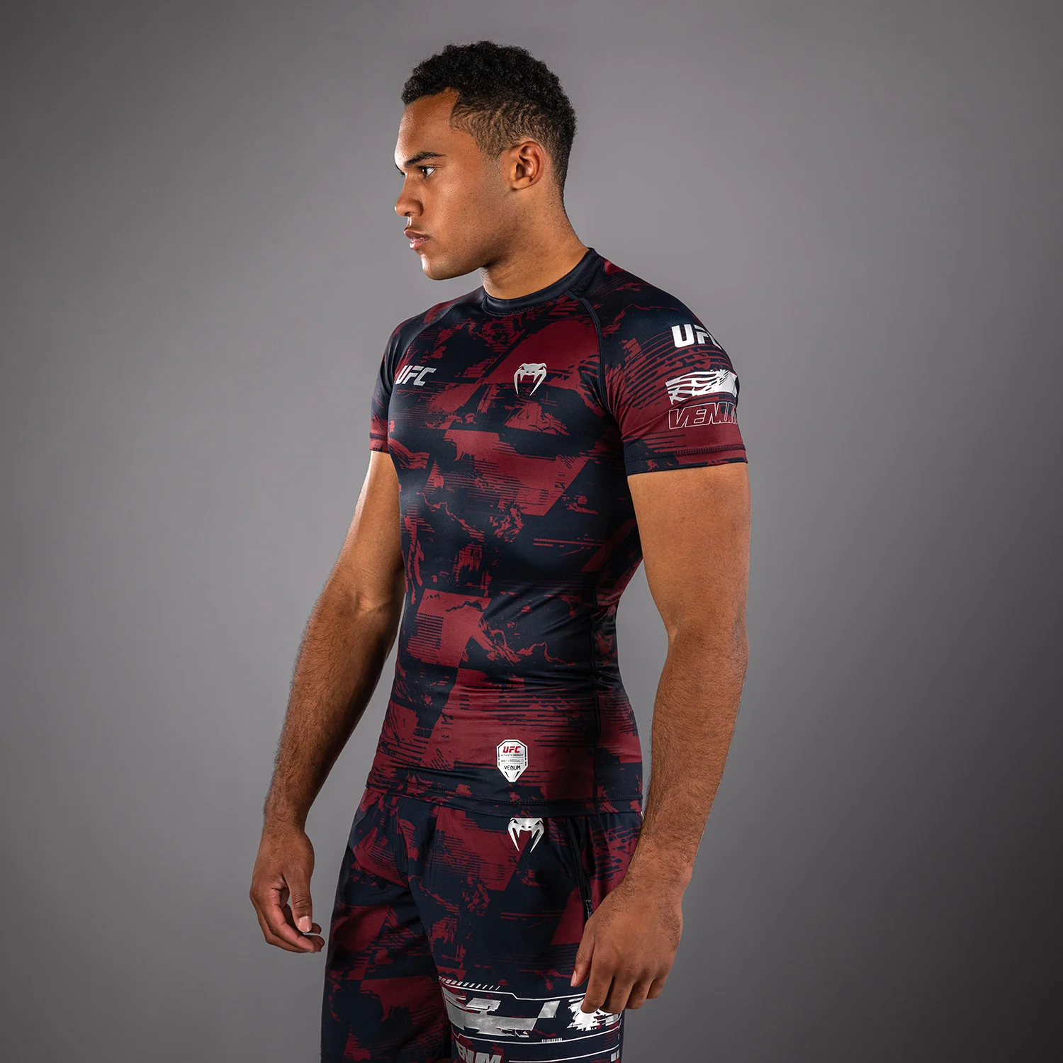 Men's UFC Zenith by Venum Burgundy Authentic Fight Week Performance Short Sleeve Rashguard - Image 2