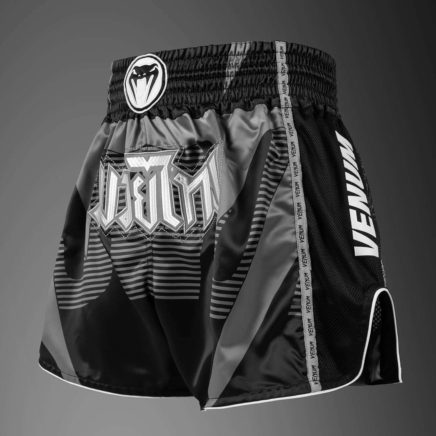 Venum Adrenaline Muay Thai Shorts - Black/Silver Grey - Image 2