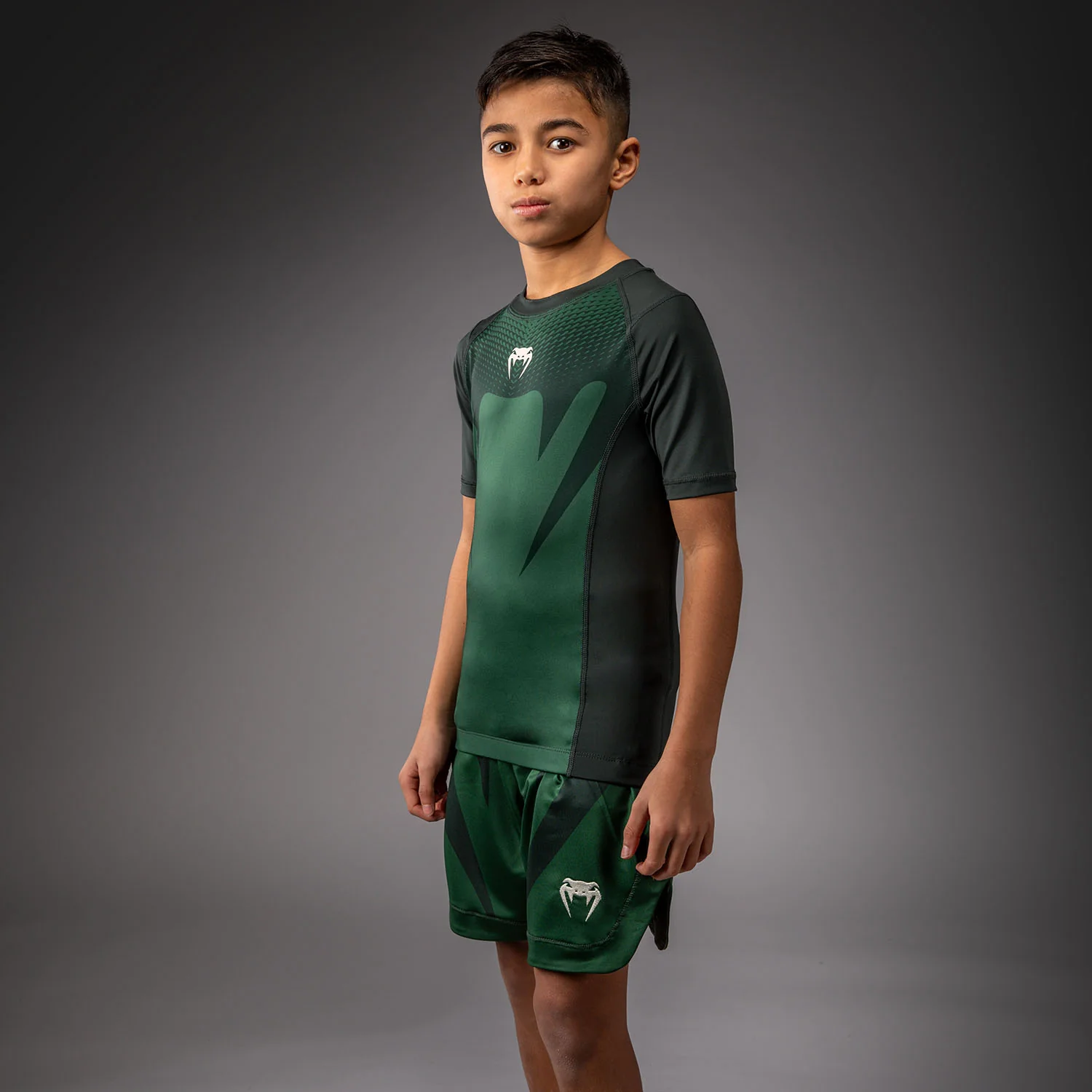 Venum Attack Kids Short Sleeve Rashguard - Forest Green/ Off White - Image 2