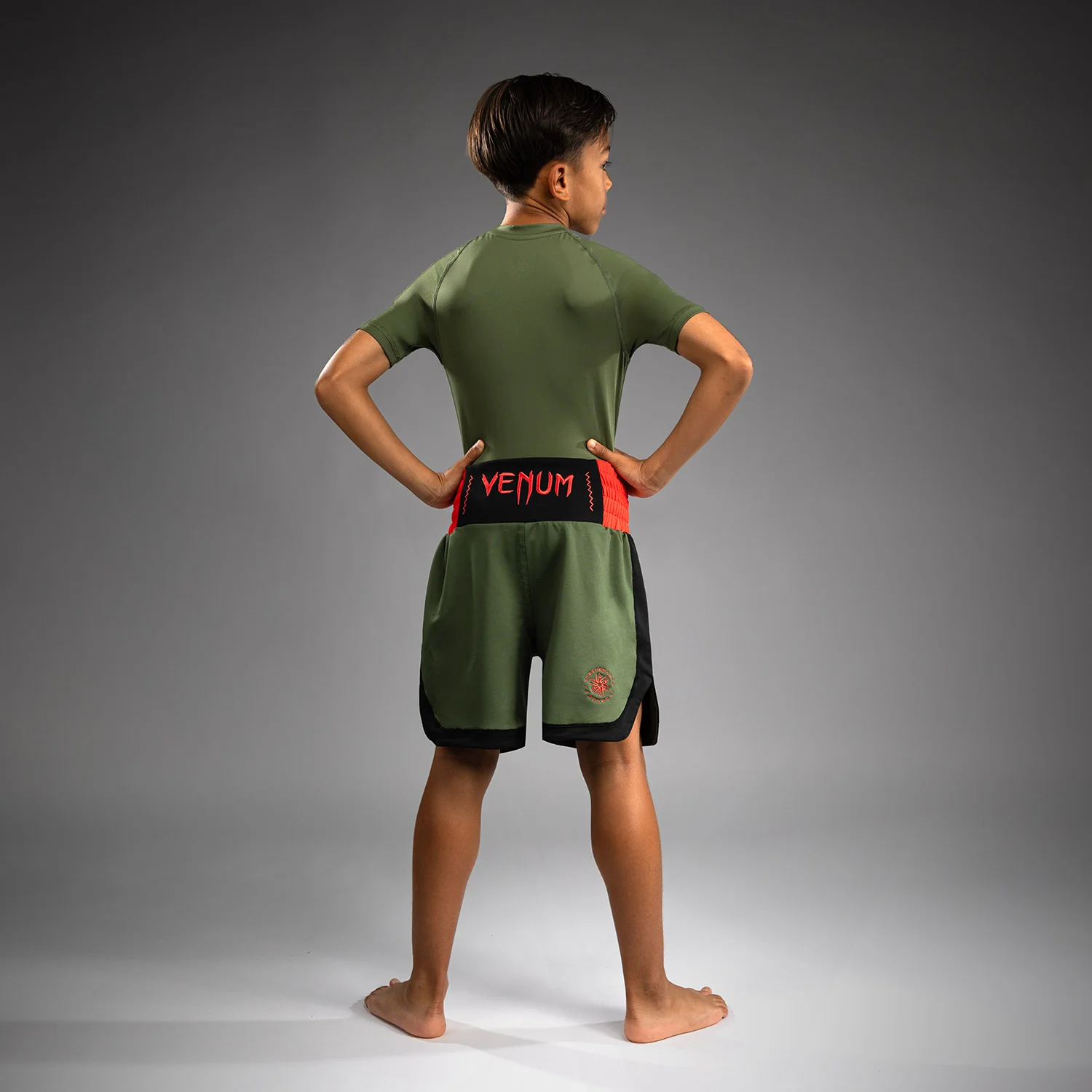 Venum Classic Kids Boxing Shorts - Army Green/Orange - Image 3