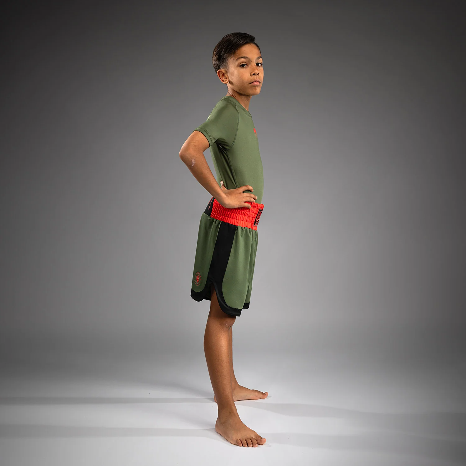 Venum Classic Kids Boxing Shorts - Army Green/Orange - Image 4