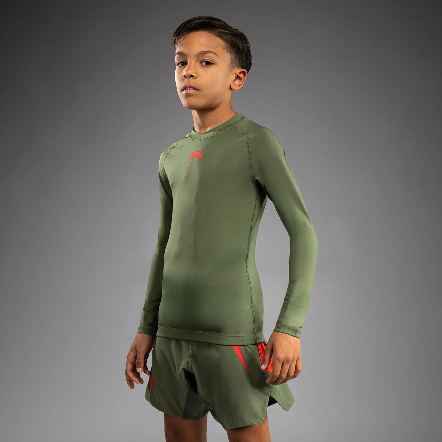 Venum Contender Kids Rashguards Long Sleeves - Army Green/Orange - Image 2