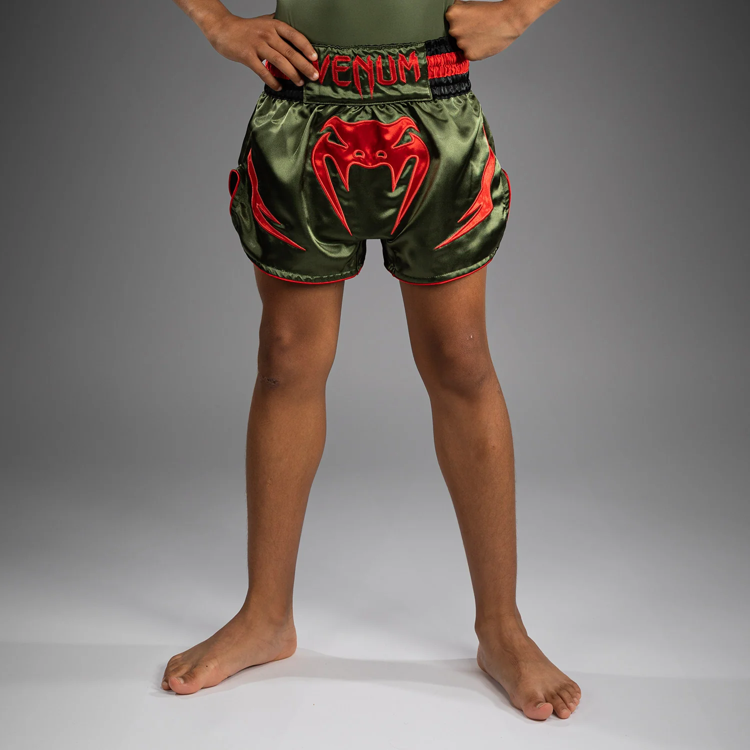 Venum Inferno Kids Muay Thai Shorts - Army Green/Orange