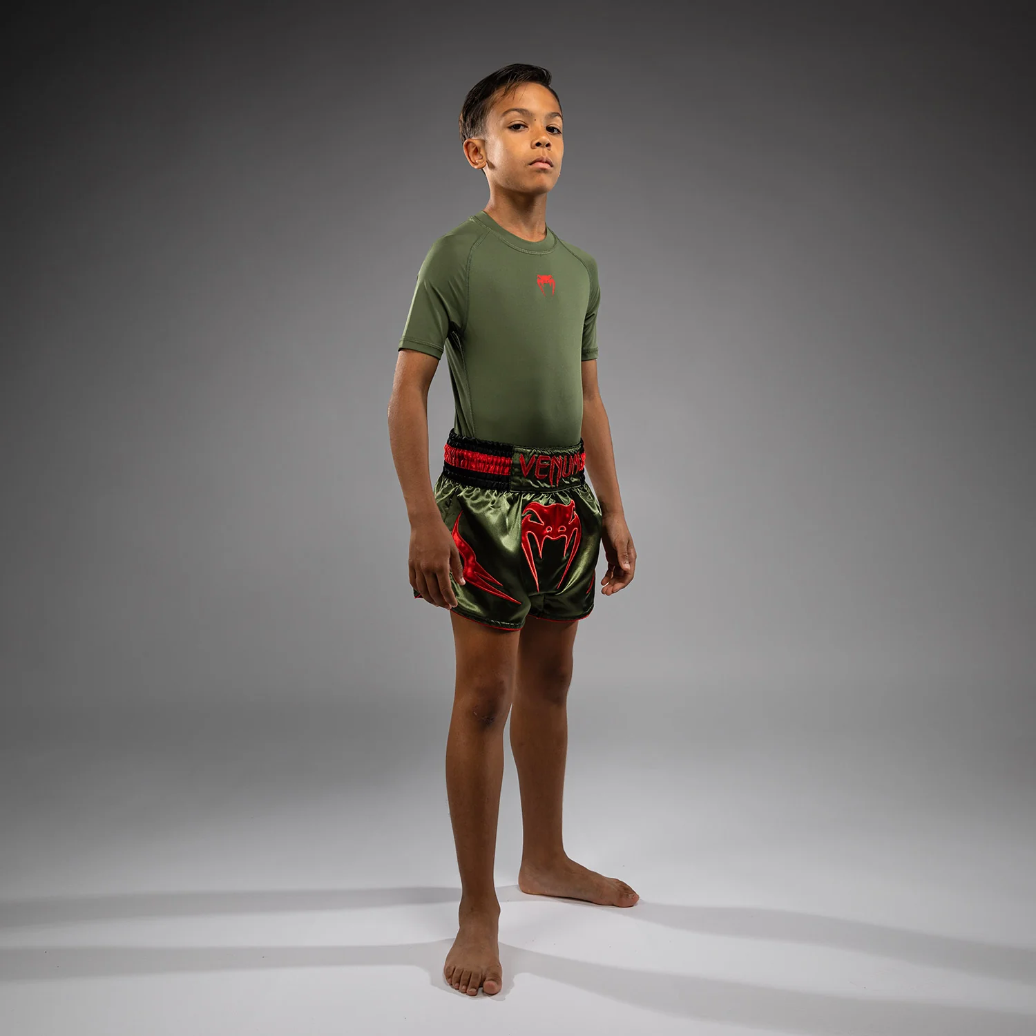 Venum Inferno Kids Muay Thai Shorts - Army Green/Orange - Image 5
