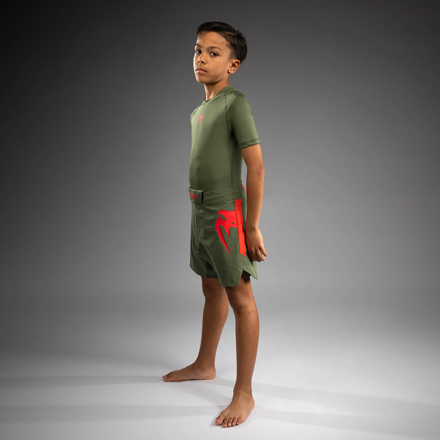 Venum Light Kids Fightshorts - Army Green/Orange - Image 4