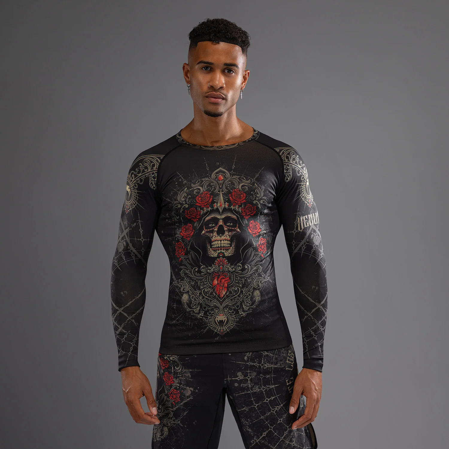Venum Santa Muerte 5.0 Men’s Long Sleeve Rashguard - Deep Black/Gold