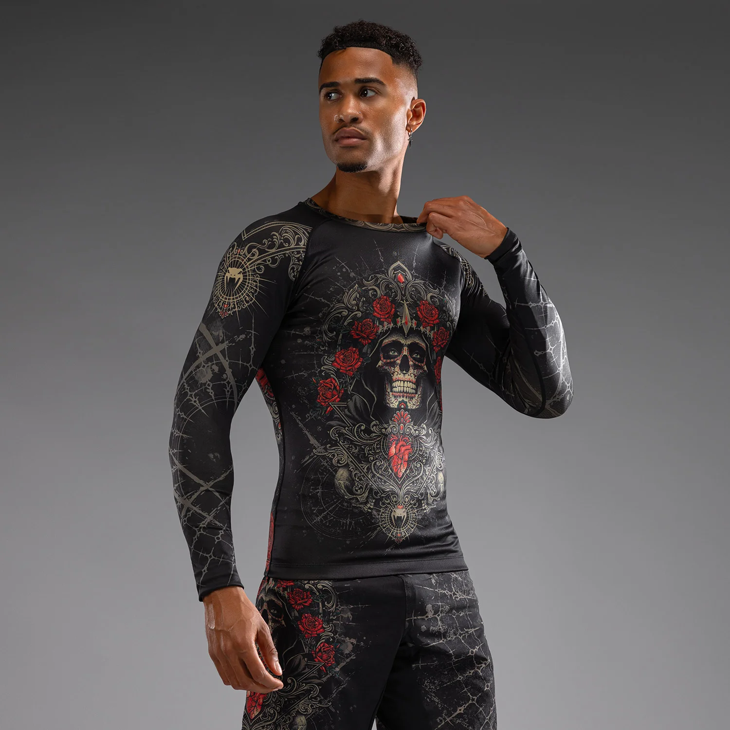 Venum Santa Muerte 5.0 Men’s Long Sleeve Rashguard - Deep Black/Gold - Image 3