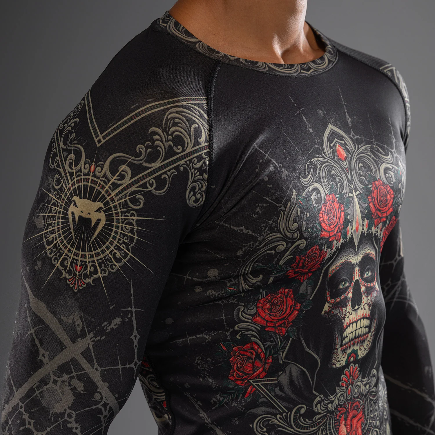 Venum Santa Muerte 5.0 Men’s Long Sleeve Rashguard - Deep Black/Gold - Image 7
