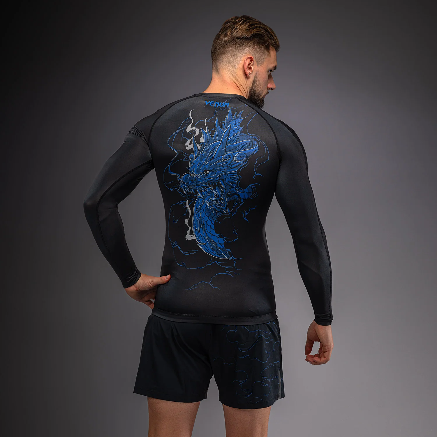 Venum Thunder Dragon Long Sleeve Rashguard - Black/Royal Blue