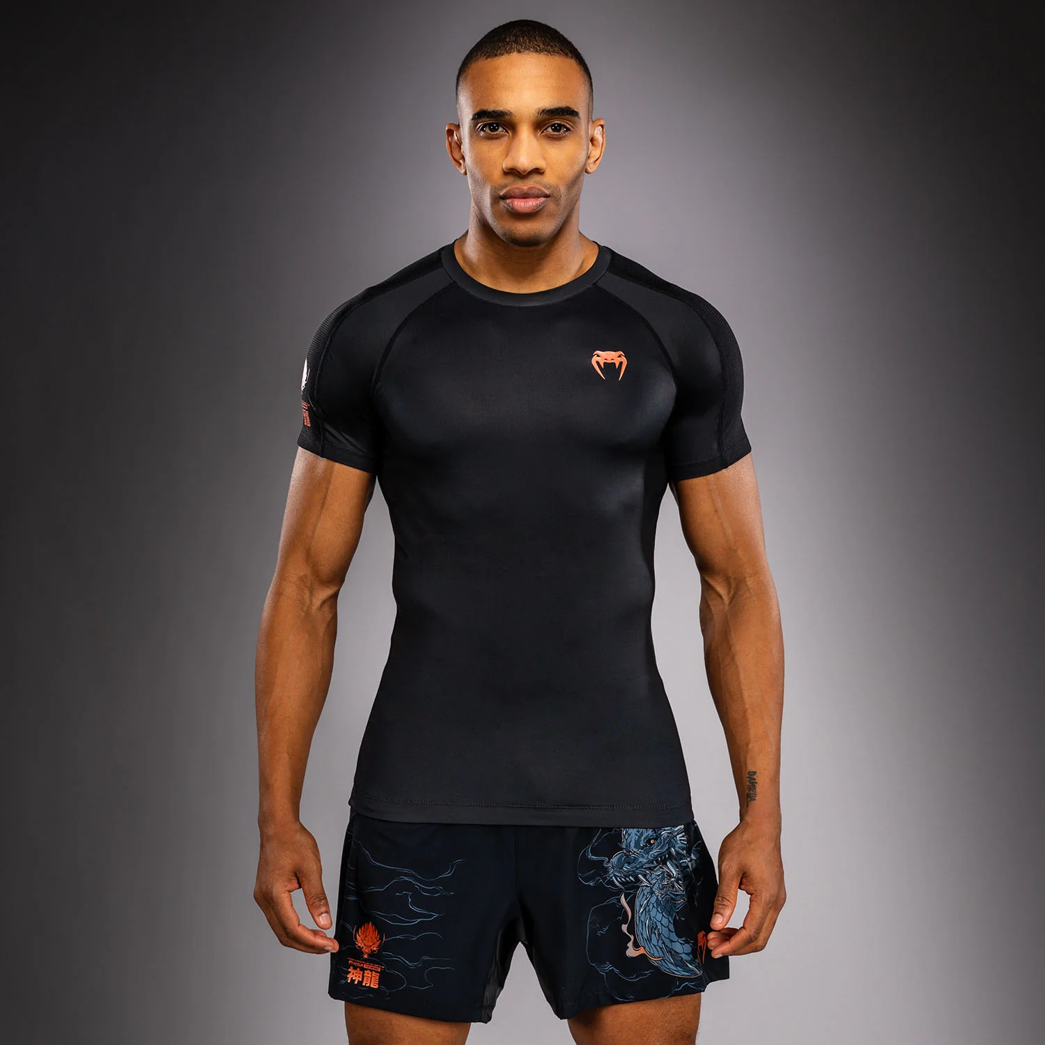 Venum Thunder Dragon Short Sleeves Rashguard - Black/Grey/Copper - Image 2