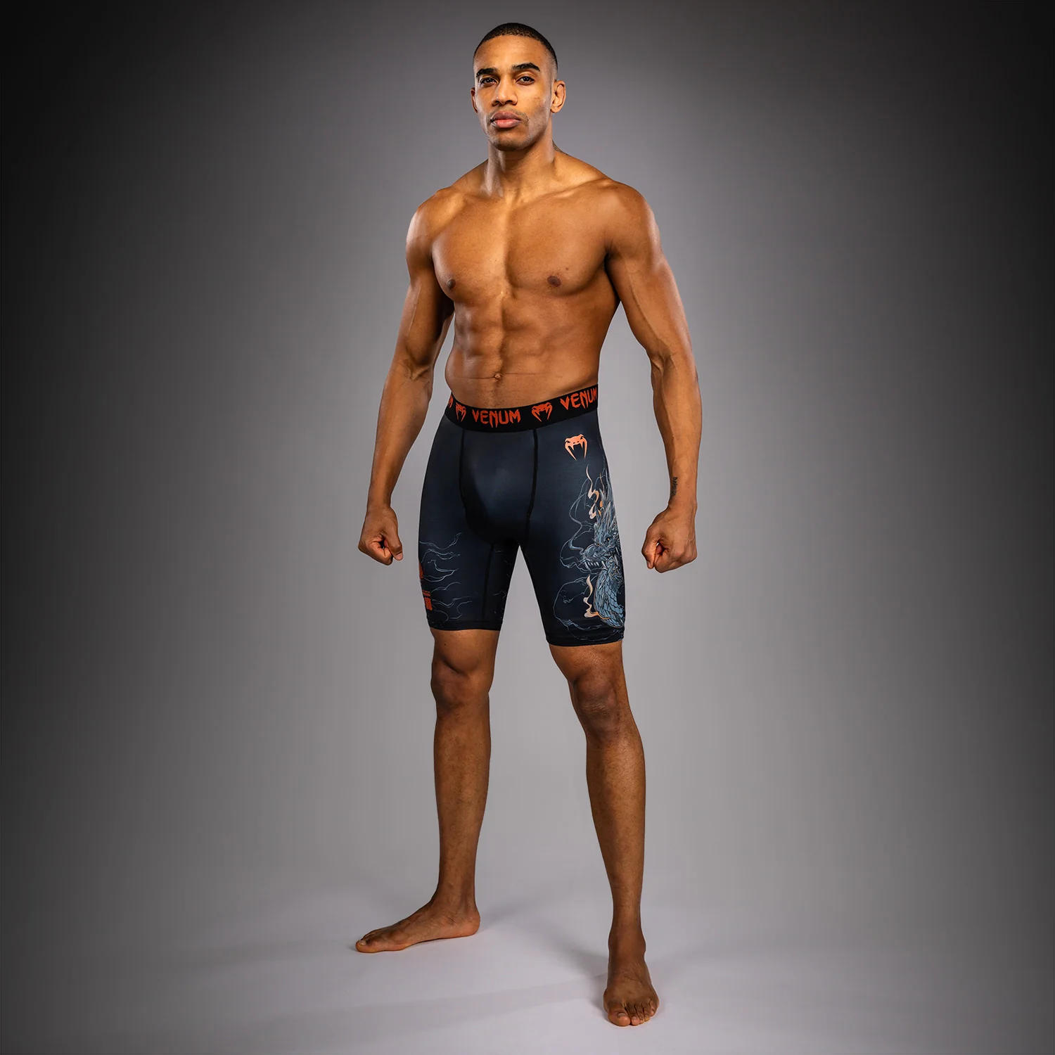 Venum Thunder Dragon Vale Tudo Shorts - Black/Grey/Copper - Image 2
