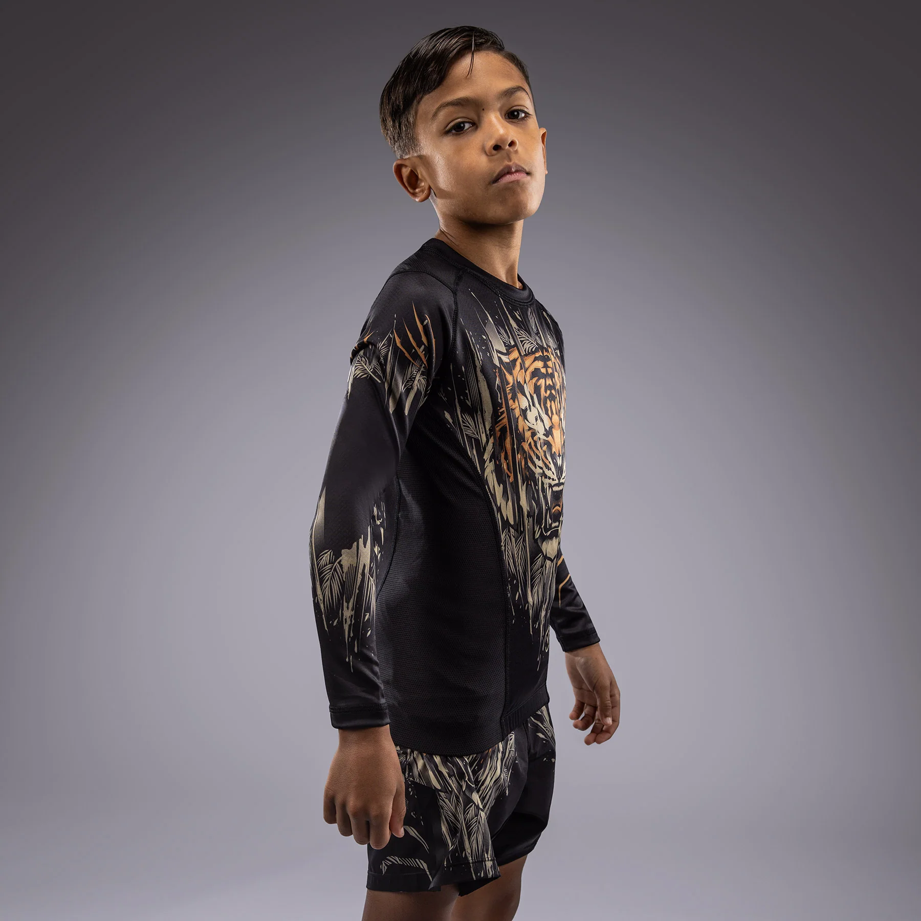 Venum Tiger Kids Long Sleeve Rashguard - Black/Neon Orange - Image 2