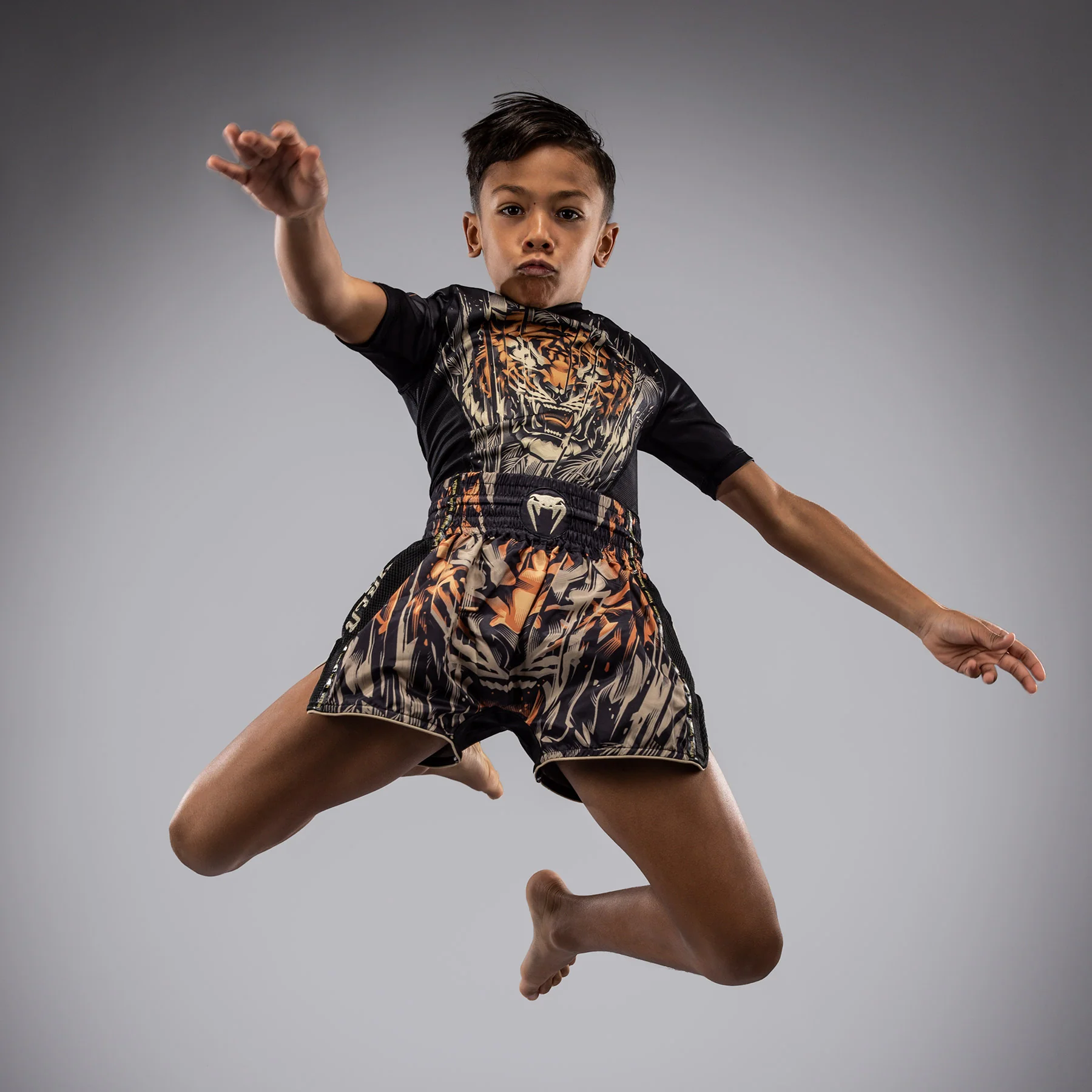 Venum Tiger Kids Muay Thai Shorts - Black/Neon Orange - Image 7