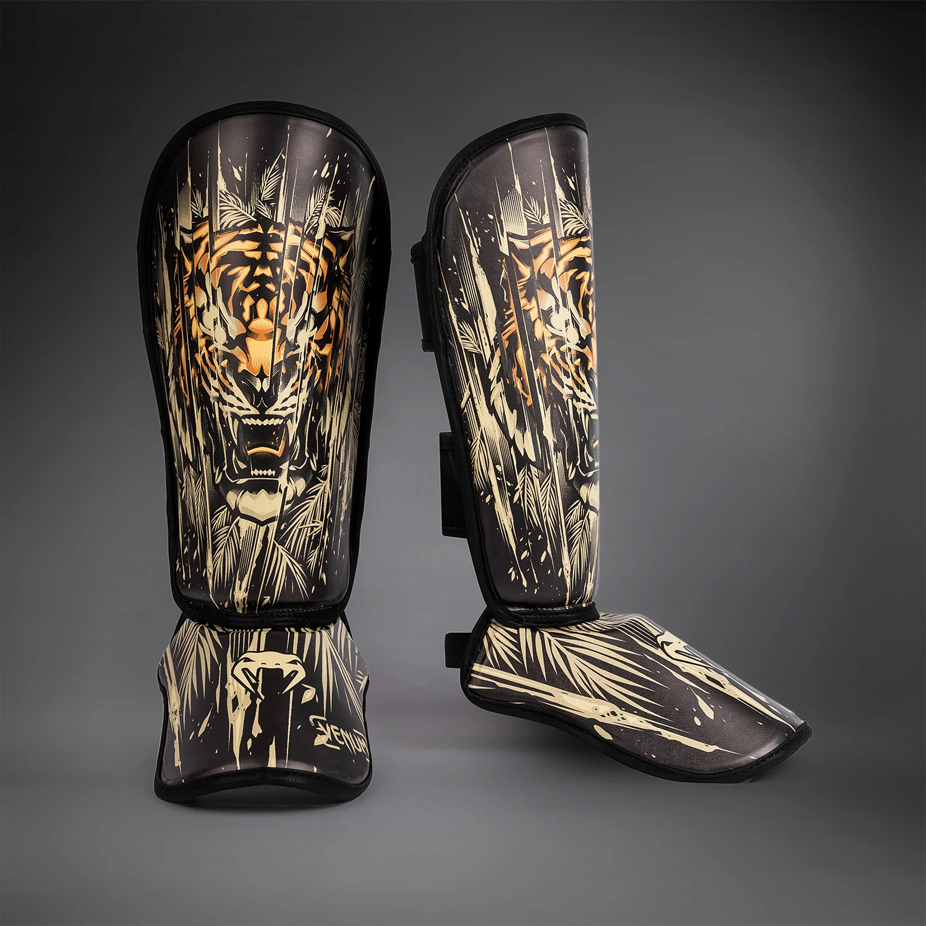 Venum Tiger Kids Shin Guards - Black/Neon Orang - Image 2