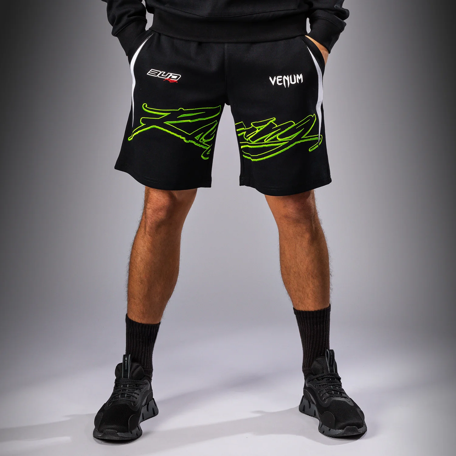 Venum x Bud Racing Men’s Cotton Shorts - Black/White/Lime Green - Image 2