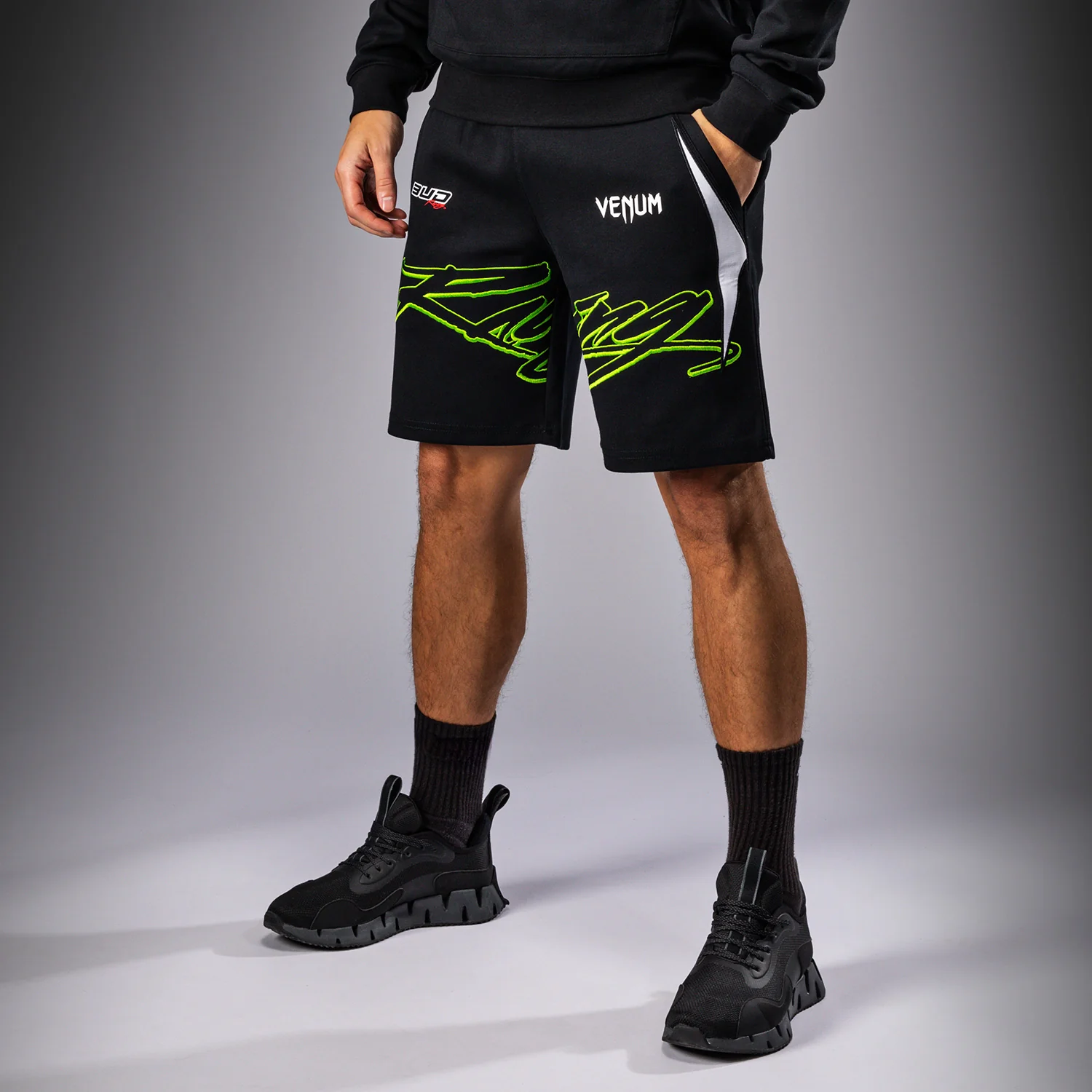 Venum x Bud Racing Men’s Cotton Shorts - Black/White/Lime Green - Image 3
