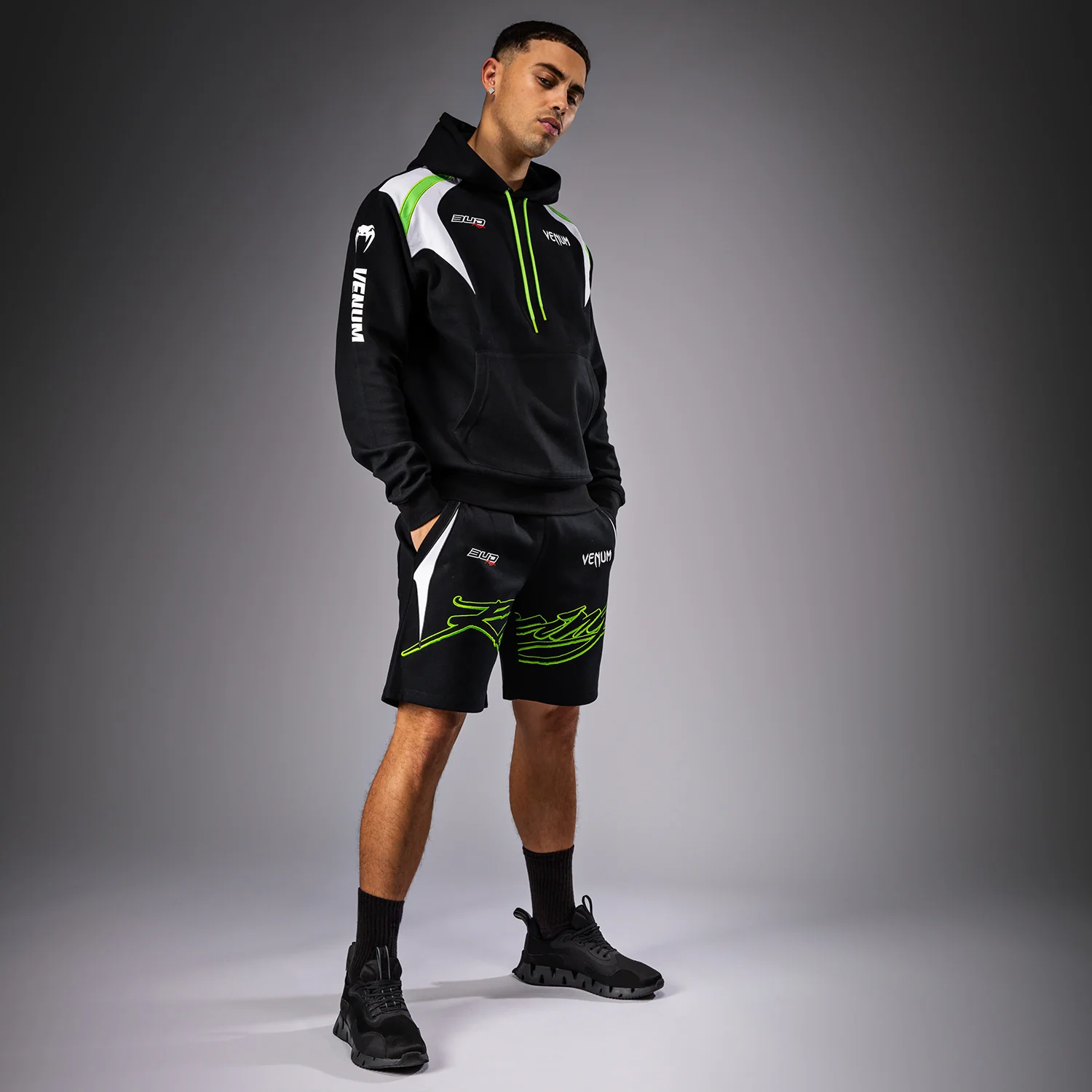 Venum x Bud Racing Men’s Cotton Shorts - Black/White/Lime Green - Image 5