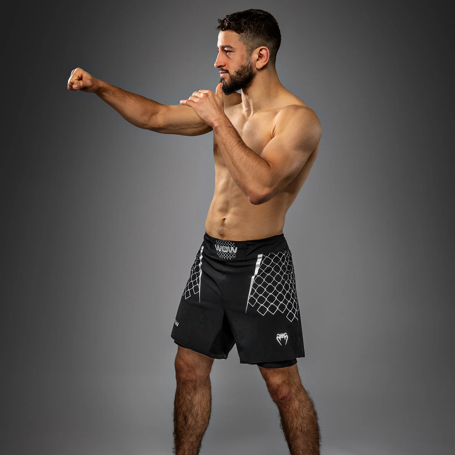 Venum x WOW FC Men’s Fight Shorts - Black/ Silver Grey - Image 3