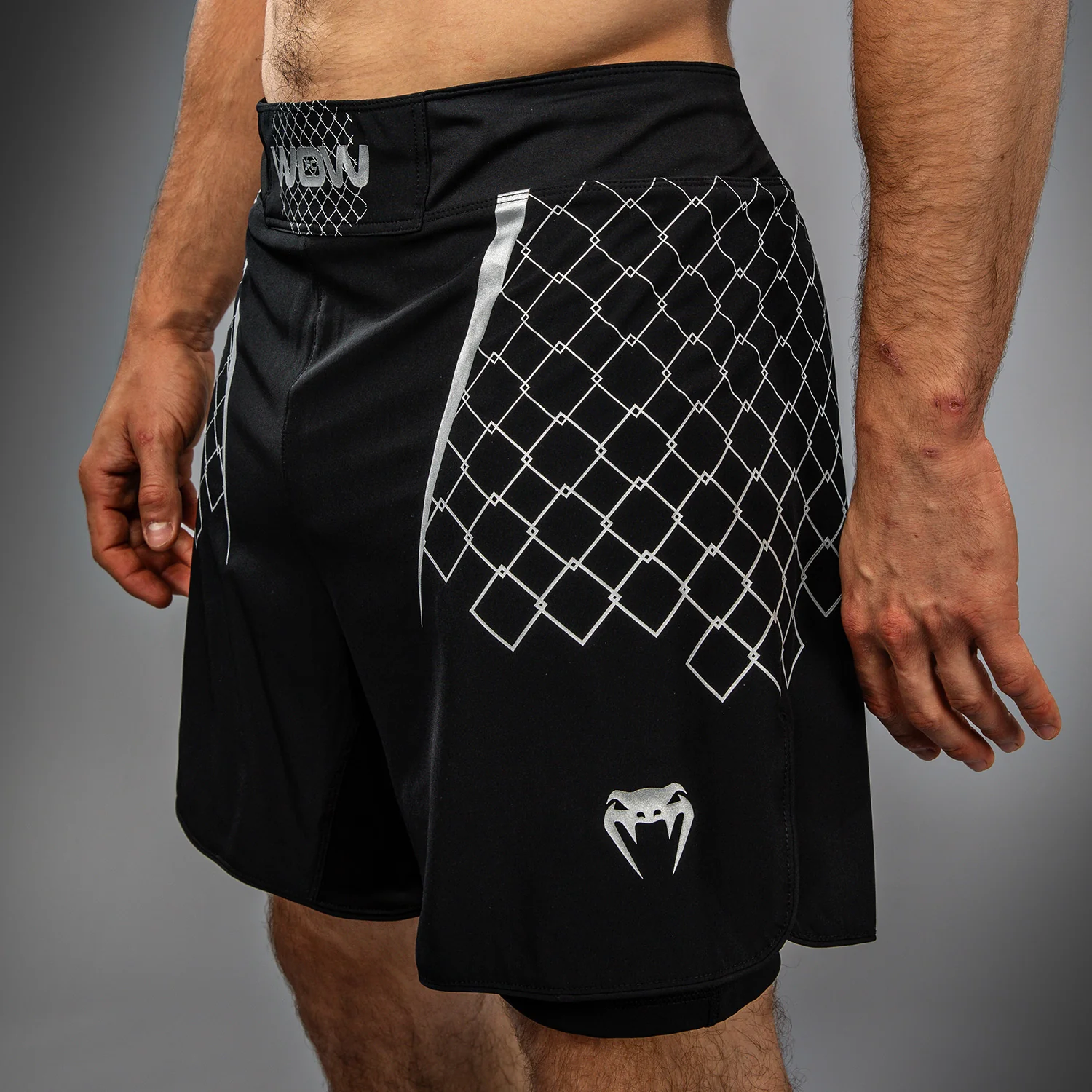 Venum x WOW FC Men’s Fight Shorts - Black/ Silver Grey - Image 7