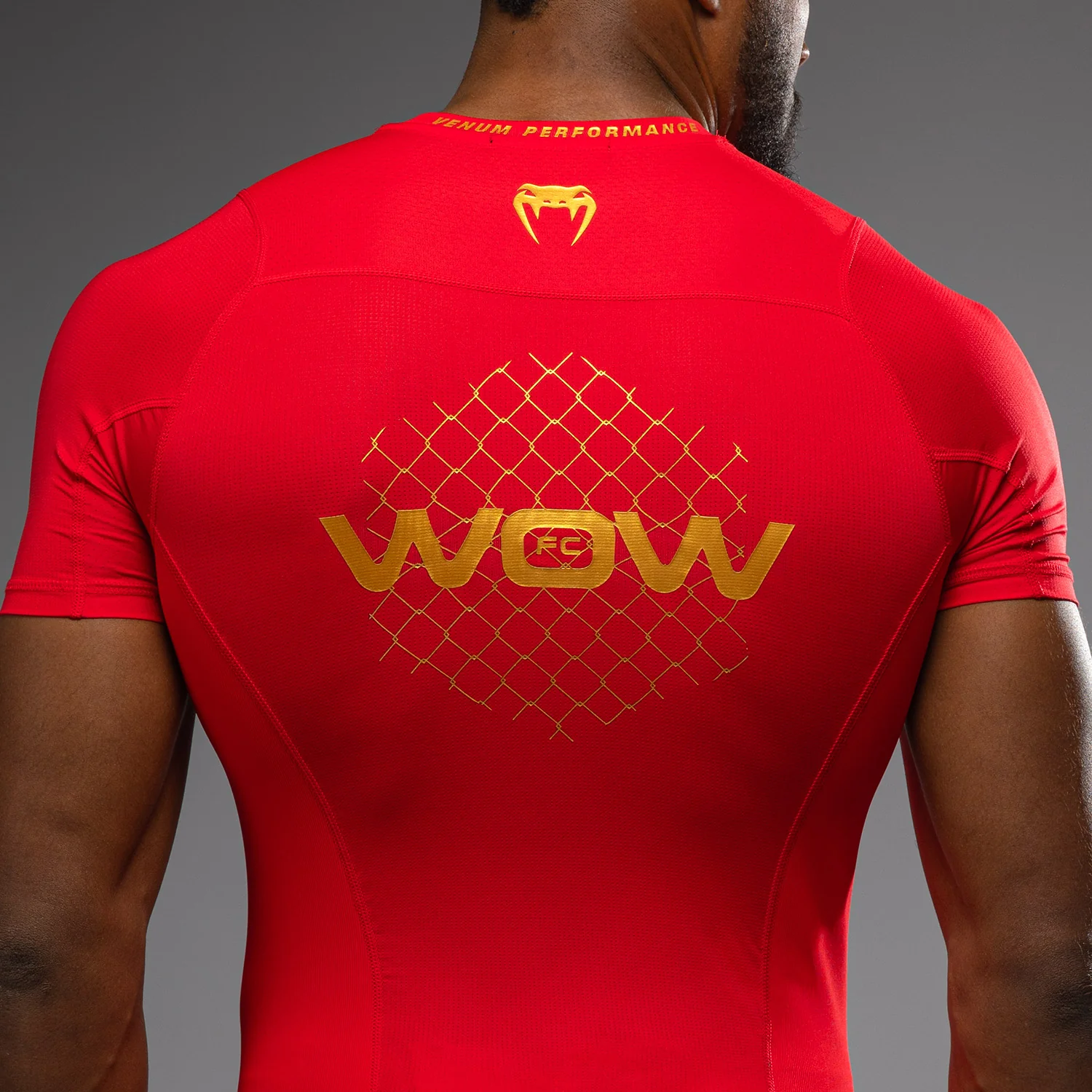 Venum x WOW FC Short Sleeve Rashguard - Fury Red/ Gold - Image 4